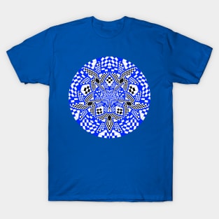 Blue Black and White Checkered Circular Mandala T-Shirt